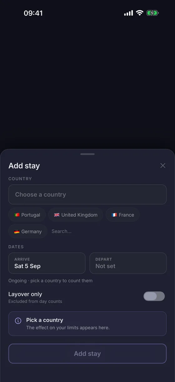 The Add stay sheet: country and dates, with the effect on each limit shown live.