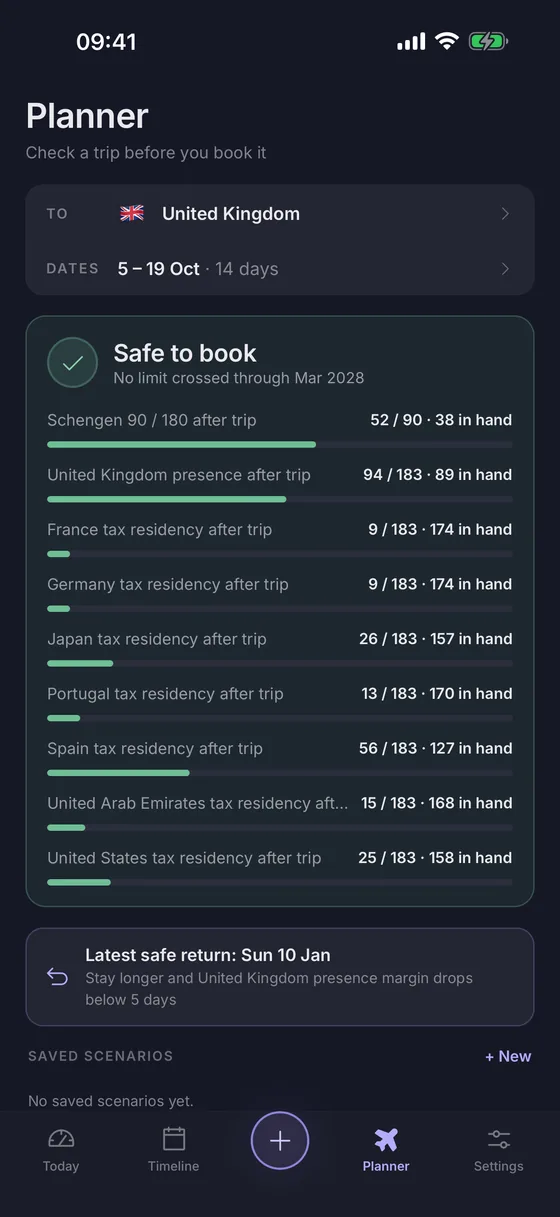 The Planner screen: a proposed trip checked against every limit, with a verdict.