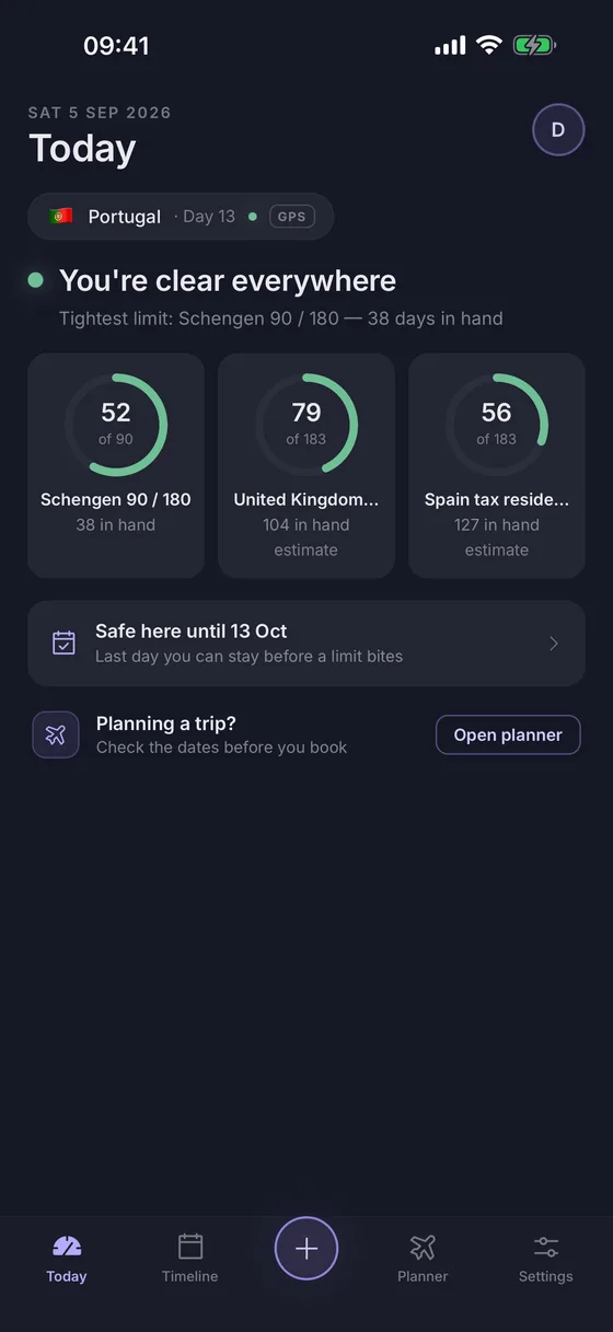 The Today screen in Links: the current country, the day count, and rings showing how much of each limit has been used.
